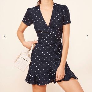 Reformation sally wrap dress navy polka dot